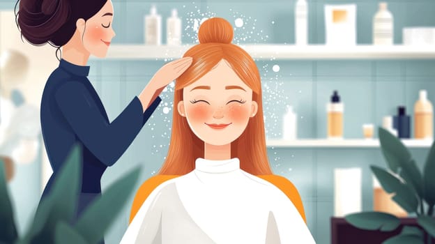 A Happy woman enjoying hair wash at salon, smiling at hairdresser while feeling relaxed and pampered