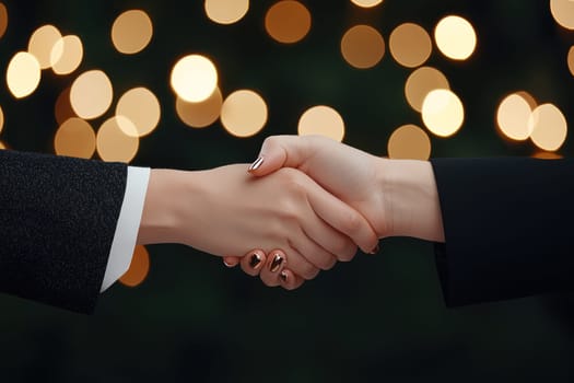 An Elegant businesswomen exchanging New Year wishes with handshake, celebrating success and connection