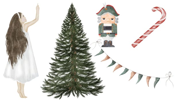 Christmas watercolor set. Hand drawn child, Christmas tree, Christmas tree toys, Nutcracker, flags. Clip art New Year. Ideal for creating greeting cards, posters. High quality illustration