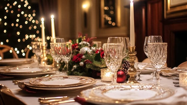 Christmas tablescape decoration, formal family dinner holiday celebration, luxury table setting decor, English country and home style idea