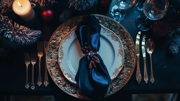 Christmas tablescape decoration, formal family dinner holiday celebration, luxury table setting decor, English country and home style idea