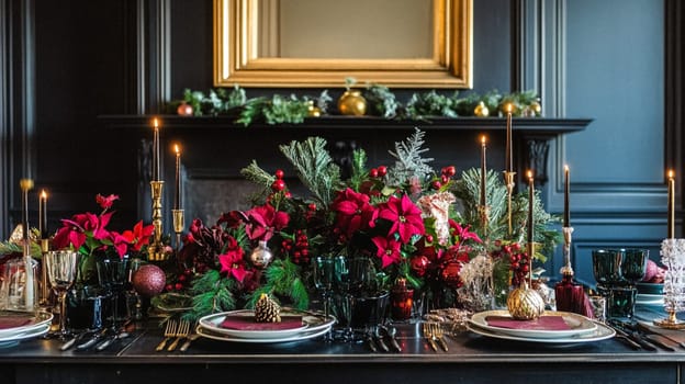 Christmas tablescape decoration, formal family dinner holiday celebration, luxury table setting decor, English country and home style idea
