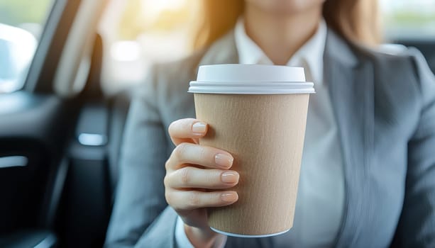 A Close up of businesswoman hands holding coffee cup in plush car interior, conveying sense of comfort and professionalism