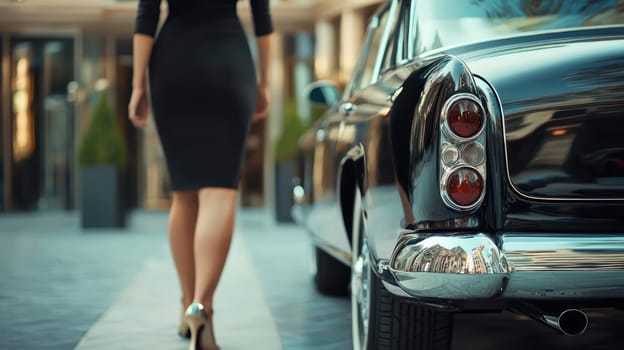 A businesswoman elegantly dressed walks towards classic private car at hotel entrance, exuding confidence and sophistication