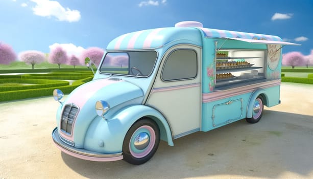 Nestled in a blooming spring meadow, a charming pastel dessert food truck presents a variety of delectable pastries and treats beside whimsical pink trees.
