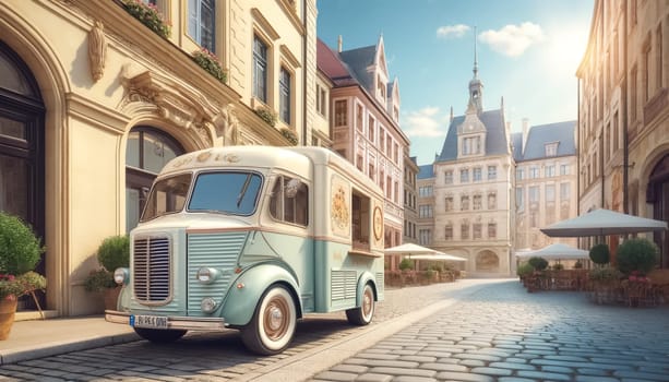 Parked in the cobblestone square of an old European town, a classic food truck awaits its next curious gourmet visitor under the gentle morning sun.