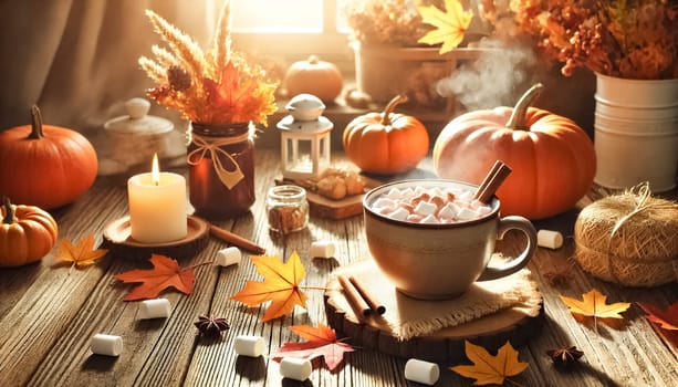 Warm cup of hot chocolate with marshmallows on a rustic wooden table, captured from various angles. Surrounded by autumn leaves, pumpkins, and cozy decorations, the scene is set in a bright and airy environment.