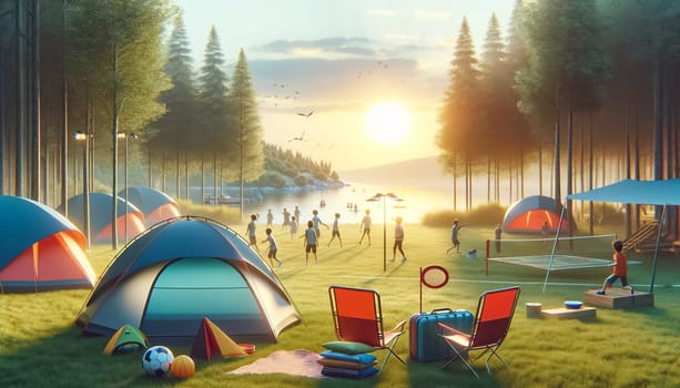 As daylight fades, warm lantern light bathes a serene campsite with cozy tents amidst a towering forest, creating an enchanting twilight retreat.
