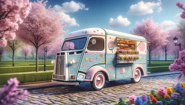 Nestled in a blooming spring meadow, a charming pastel dessert food truck presents a variety of delectable pastries and treats beside whimsical pink trees.