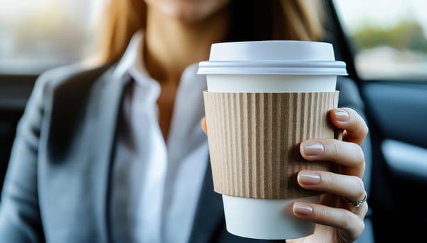 A Close up of businesswoman hands holding coffee cup in plush car interior, conveying sense of comfort and professionalism