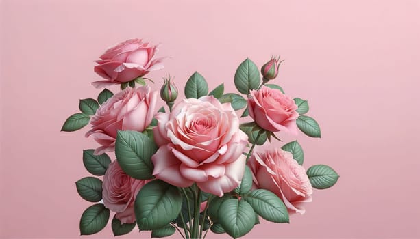 With varying shades of pink and full blossoms, this elegant cluster of roses against a blush background embodies timeless beauty and sophistication in nature's design.