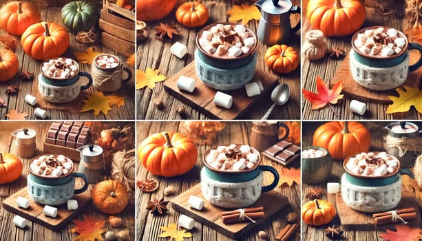 Warm cup of hot chocolate with marshmallows on a rustic wooden table, captured from various angles. Surrounded by autumn leaves, pumpkins, and cozy decorations, the scene is set in a bright and airy environment.