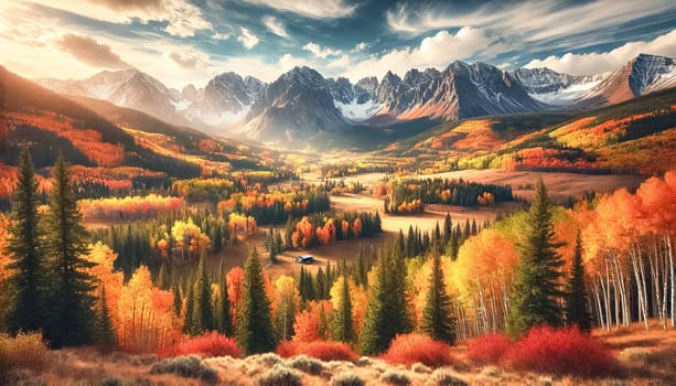 A panoramic view of the Colorado mountains during autumn, showcasing vibrant fall foliage in shades of red, orange, and yellow. Snow-capped peaks contrast beautifully with the colorful trees and clear blue sky.