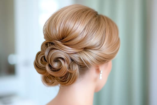 An Elegant updo hairstyle with soft curls and polished finish, showcasing beauty and sophistication