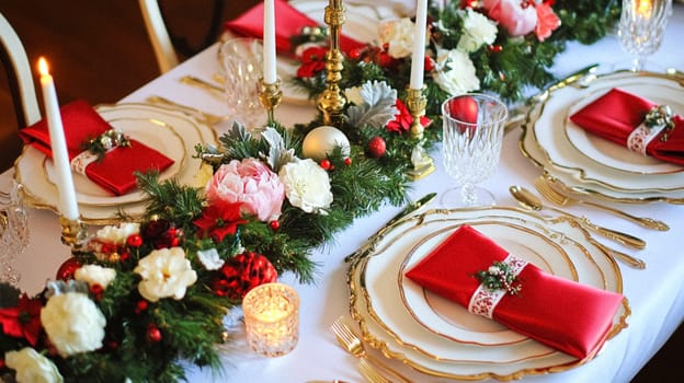 Christmas tablescape decoration, formal family dinner holiday celebration, luxury table setting decor, English country and home style idea