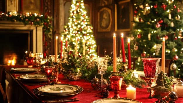 Christmas tablescape decoration, formal family dinner holiday celebration, luxury table setting decor, English country and home style idea