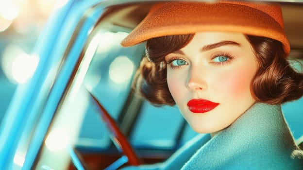 An Elegant woman with vintage style and striking features gazing thoughtfully