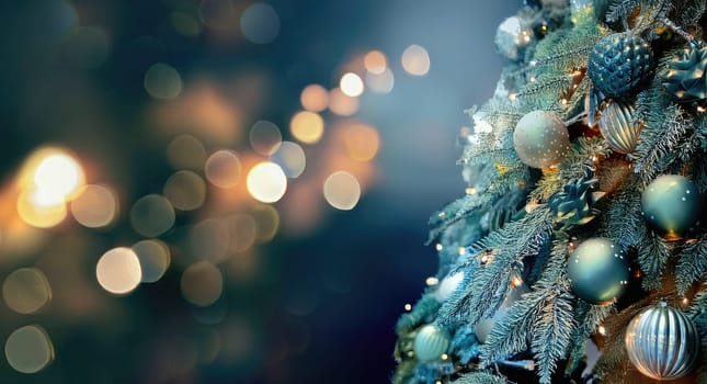 A stunning Christmas tree adorned with shimmering ornaments and delicate lights stands elegantly. The vibrant decorations reflect a warm, joyful atmosphere during the holiday season.