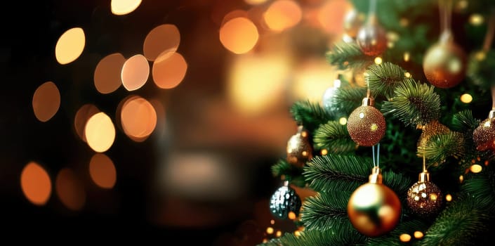 Glistening ornaments hang from lush green branches of a festive Christmas tree, illuminating a warm atmosphere. Gentle, blurry lights create a magical ambiance, enhancing the holiday spirit.