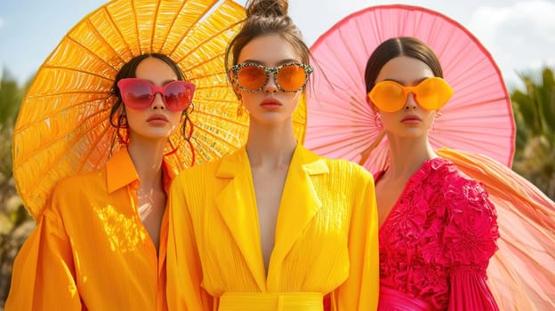 A Vibrant colors and flowing fabrics showcase models in stylish outfits under large sun umbrellas. scene captures sunny outdoor fashion moment