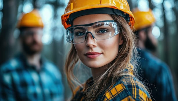 A Dynamic shot of woman wearing safety gear, showcasing teamwork and focus in outdoor setting