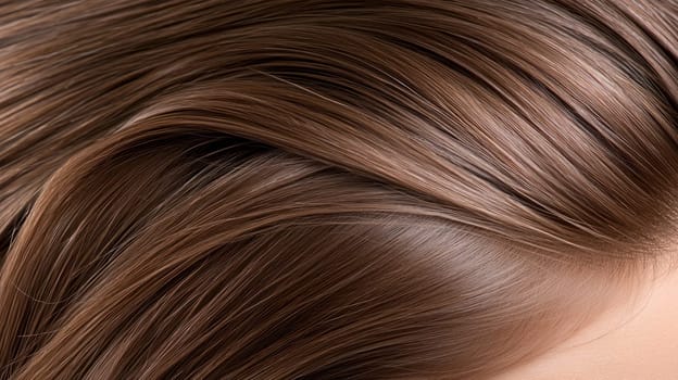 A Glossy and healthy hair showcasing smooth, shiny strands with rich brown color. Perfect for hair care and beauty themes