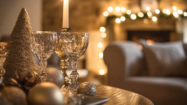 Christmas, holiday decor and country cottage style, cosy atmosphere, decorated Christmas tree in the English countryside house living room with fireplace, interior decoration idea