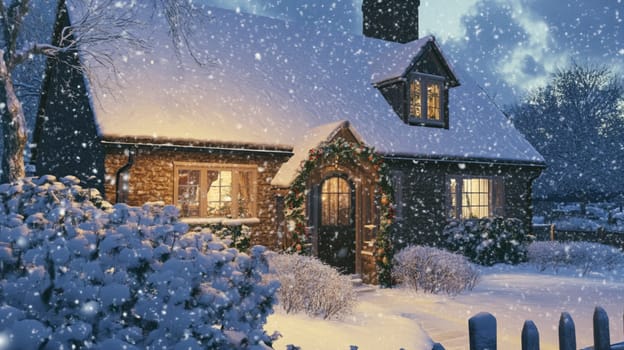 Christmas in the countryside, cottage decorated for holidays on a snowy winter evening with snow and holiday lights, English country styling inspiration