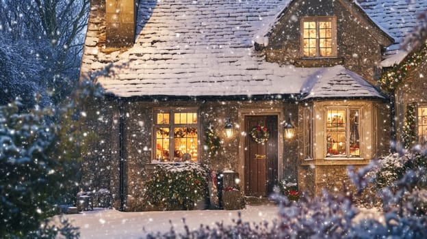 Christmas in the countryside, cottage decorated for holidays on a snowy winter evening with snow and holiday lights, English country styling inspiration