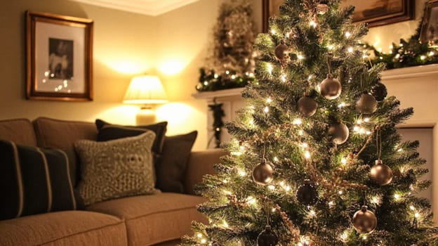 Christmas, holiday decor and country cottage style, cosy atmosphere, decorated Christmas tree in the English countryside house living room with fireplace, interior decoration idea