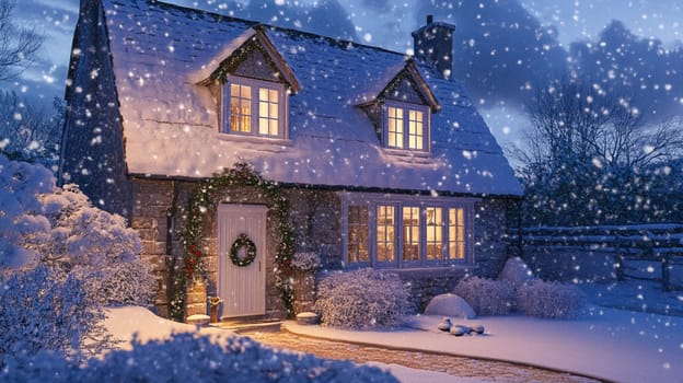 Christmas in the countryside, cottage decorated for holidays on a snowy winter evening with snow and holiday lights, English country styling inspiration