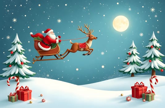 A Christmas card showing Santa and his sleigh with reindeer soaring above snowy forests. The lower section features snow sprinkled with presents, stars, and candy canes, capturing the holiday cheer. High quality photo