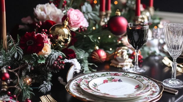 Christmas tablescape decoration, formal family dinner holiday celebration, luxury table setting decor, English country and home style idea