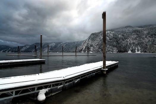 Landscape image of Pend Oreille Lake in winter taken from Farragut State Park in Idaho.