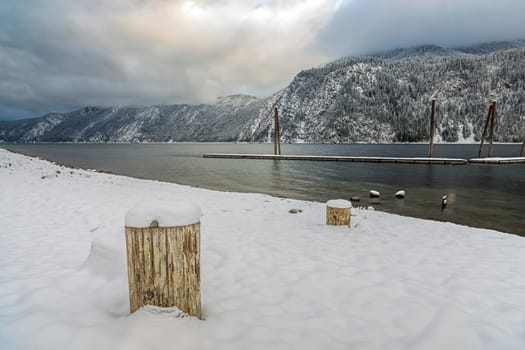 Landscape image of Pend Oreille Lake in winter taken from Farragut State Park in Idaho.