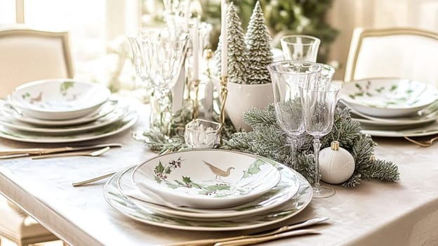 Christmas tablescape decoration, formal family dinner holiday celebration, luxury table setting decor, English country and home style idea