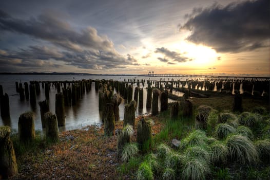 Pilings in the water at sunset in Astoria, Oregon. (HDR image)