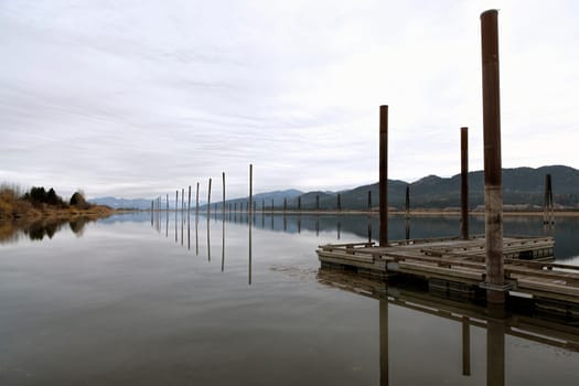 Tall wooden pilings lineup along the calm Pend Oreille River at Cusick, Washington.