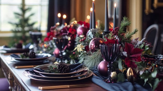 Christmas tablescape decoration, formal family dinner holiday celebration, luxury table setting decor, English country and home style idea