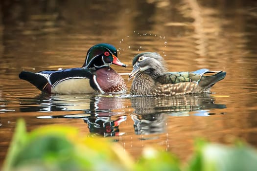A wood duck couple swims together in the small pond at Cannon Hill Park in Spokane, Washington.