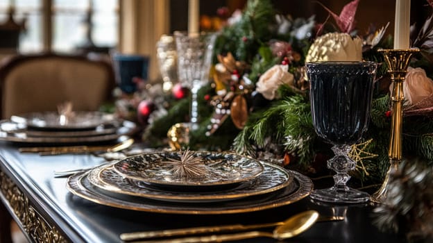Christmas tablescape decoration, formal family dinner holiday celebration, luxury table setting decor, English country and home style idea