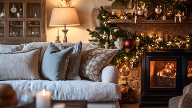 Christmas, holiday decor and country cottage style, cosy atmosphere, decorated Christmas tree in the English countryside house living room with fireplace, interior decoration idea