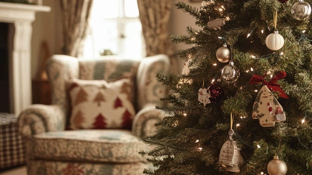 Christmas, holiday decor and country cottage style, cosy atmosphere, decorated Christmas tree in the English countryside house living room with fireplace, interior decoration idea