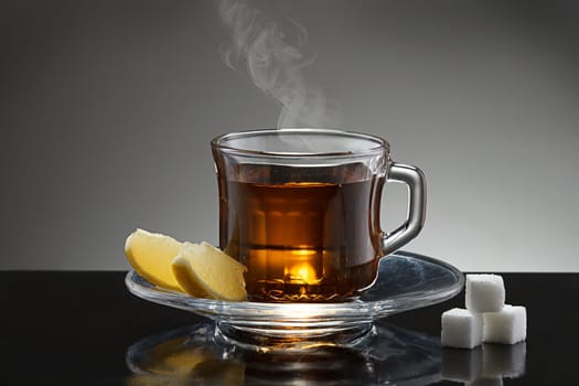 A close up of a cup of hot tea with lemon wedges and sugar cubes.