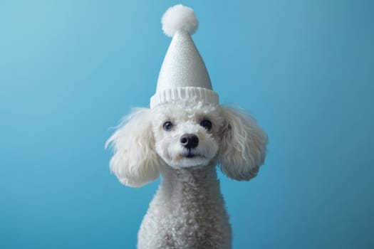 White poodle in a white cap on a blue background