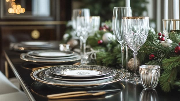 Christmas tablescape decoration, formal family dinner holiday celebration, luxury table setting decor, English country and home style idea
