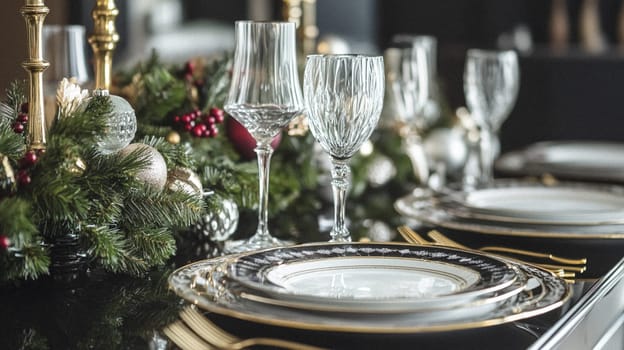 Christmas tablescape decoration, formal family dinner holiday celebration, luxury table setting decor, English country and home style idea