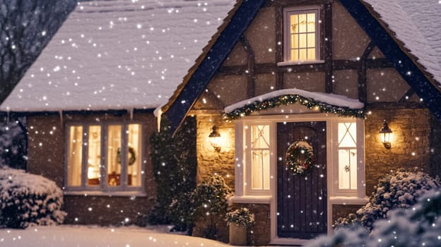 Christmas in the countryside, cottage decorated for holidays on a snowy winter evening with snow and holiday lights, English country styling inspiration