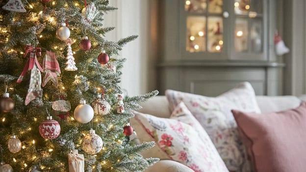 Christmas, holiday decor and country cottage style, cosy atmosphere, decorated Christmas tree in the English countryside house living room with fireplace, interior decoration idea