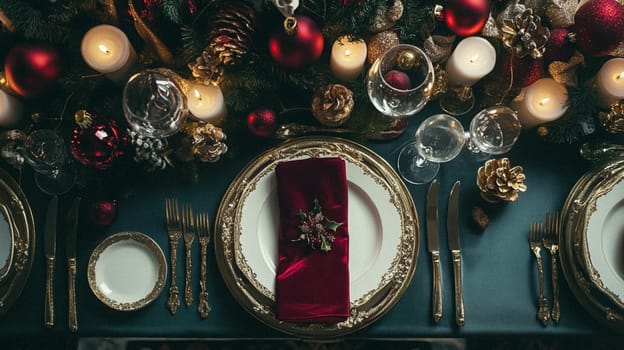Christmas tablescape decoration, formal family dinner holiday celebration, luxury table setting decor, English country and home style idea